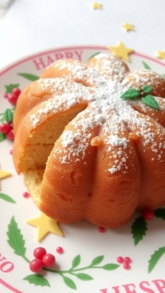 A soft Christmas cake for babies, cut into small pieces, decorated with powdered sugar and festive elements.